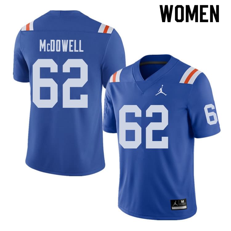 Women's NCAA Florida Gators Griffin McDowell #62 Stitched Authentic Alternate Jordan Brand Royal Throwback College Football Jersey VFQ1065ML